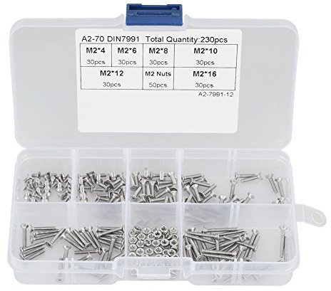 YWBL-WH 230pcs M2 Counterunk Head Sockel Cap Schrauben Schrauben Waschmaschinen Muttern Kit mit Kiste