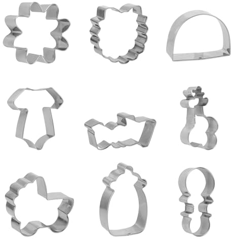 9pz Tagliabiscotti Baby Shower, in Acciaio Inox a Forma di Tutina Biberon Passeggino e Bavaglino Ideali per Dolci e per Preparazione di Fondente