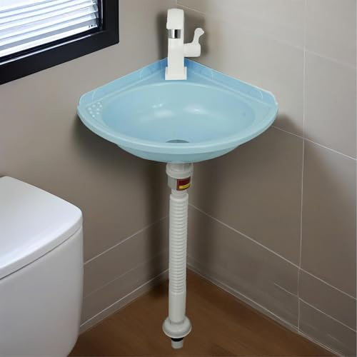 Lavabo Pequeño de Esquina Plástico Lavabo para baño de Plástico Fregadero de un seno de Montaje en Pared,Sin Taladrar mini Lavabos Con Grifo Y Accesorios de Drenaje