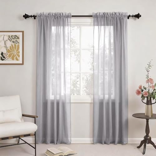 GFCC Cortinas Translucidas Salon 2 Piezas Visillos Gris Oscuro 150x245 cm | Modernas Cortinas Transparente de Suave para Dormitorio Ventanas Habitacion Comedor Cocina