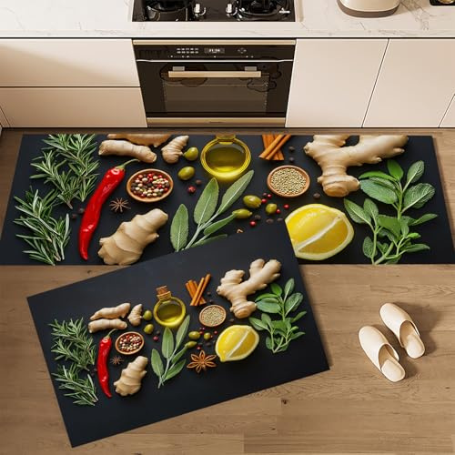 MLSOWM Chili-Ingwer Küchenläufer 2 Stück, Küchenteppich Gewürze Waschbar rutschfest Teppich Küche mit Gummirücken Küchenmatte für Esszimmer, Küche, Läufer Flur(40x60cm+40x120cm, Dunkelgrau)