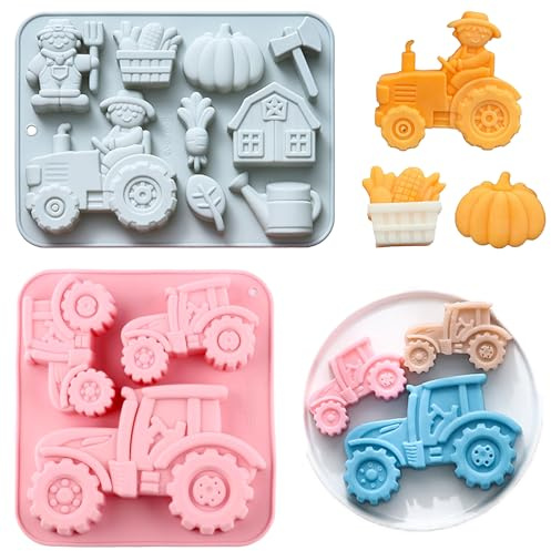 2 Stück Silikon Traktor Kuchenform 3D Traktor Backform, Antihaftbeschichtet Silikonform Bauernhof, Diy Kuchenform Trecker, für Kindergeburtstag, Party - Kuchen, Schokolade, Dessertpudding (Blau, Rosa)