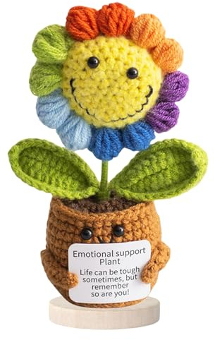 GmwyCzV Girasol Crochet Positivo, Regalo de Girasol, Lindo Adorno Girasols de Crochet con Tarjeta Ánimo Peluche de Apoyo Emocional Positivo Planta Punto Flor Artificial para Mujeres Hombres