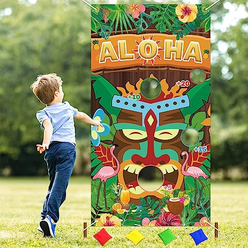 Lets Joy Hawaiian Giochi di Lancio Set, Banner Del Gioco di Lancio Con 4 Sacchetti di Fagioli, Hawaiian Tiki Aloha Giochi di Lancio di Sacchetti, Feste di Gioco di Lancio All'aperto (Aloha)