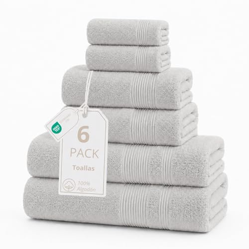 DALINA Juego de 6 Toallas de Baño, Mano y Toallas Lavabo - 100% Algodón, Suaves, Altamente Absorbentes y de Secado Rápido, Gris Claro
