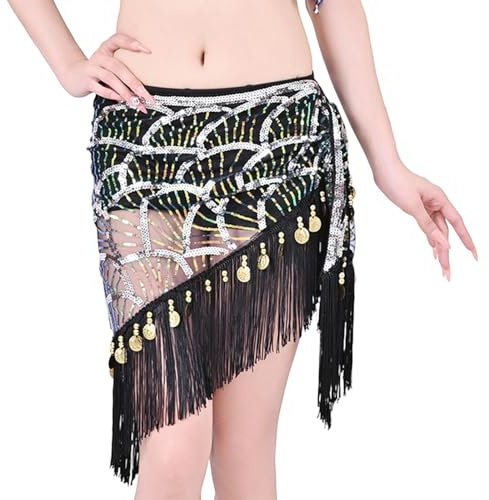 Falda de carnaval para danza del vientre con lentejuelas y flecos, cadena de cintura, bufanda de cadera para disfraz de espectáculo de escenario, blanco, Altoa única