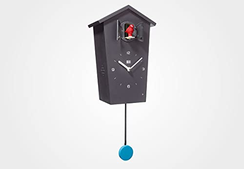 KOOKOO Birdhouse schwarz, Moderne Design Kuckucksuhr, mit 12 Vogelstimmen oder Kuckuck