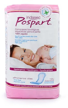 Indasec Compresas Posparto 100% Algodón Tocológicas - 12 Compresas - Hipoalergénicas
