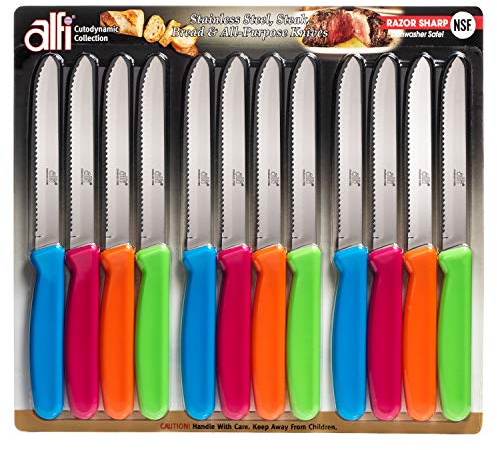 Alfi All-Purpose Knives Aerospace Precision Rounded Tip - Home And Kitchen Supplies - Serrated Steak Knives Set | Made in USA (Multi-Color, 12 Pack)