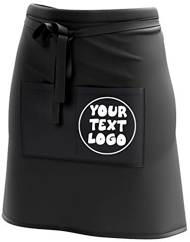 Ferocity Kurze Personalisierte Schürze Kellnerschürze Vorbinder mit Namen Firmenlogo personalisiert mit Taschen für Bistro Restaurant, Schwarz mit Logo [074]