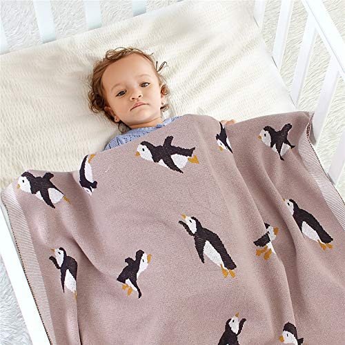 Babydecke Baumwolle Strickdecke, Surwin Mädchen und Jungen Pinguin Muster Kuscheldecke - Vielseitig Nutzbare Baby Decke für Kinderwagen, Babyschale (100x80cm,Rosa)