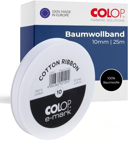 COLOP e-mark Baumwollband | Weiß | 1 Stück | 10mm x 25m | Geschenkband zum Bedrucken | für alle e-mark Modelle | für Hochzeiten, DIY-Projekte & Verpackungen
