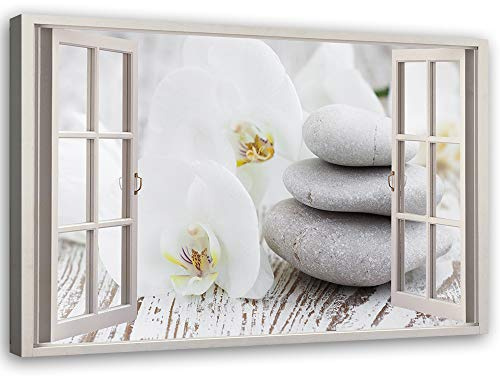 Feeby Impression sur Toile Intissé Vue De La Fenêtre 90x60 cm Image Moderne Tableau Déco Mural Salle De Séjour Pierres Zen Orchidées Gris