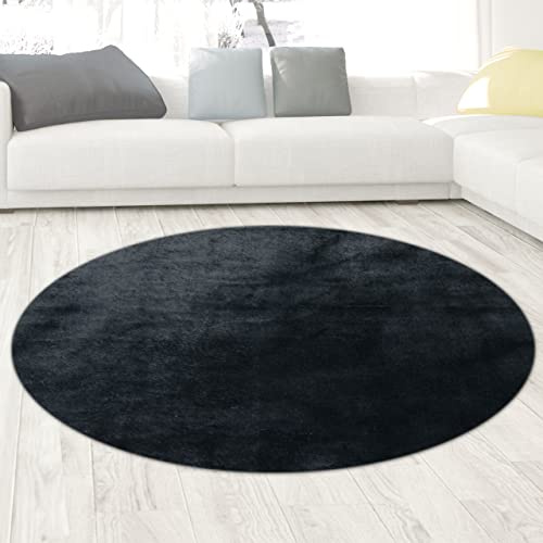 CARPETIA Weicher Teppich Rund Uni Waschbar rutschfest Schwarz Ø 160 cm | Weich, waschbar, rutschfest, pflegeleicht und strapazierfähig, für Wohnzimmer, Schlafzimmer, Flur & Büro