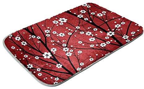 Kunstfell Teppich Shag Teppich Ultra Weich für Schlafzimmer Wohnzimmer Kirschbaum Äste Weiß Kleine Blumen Rot
