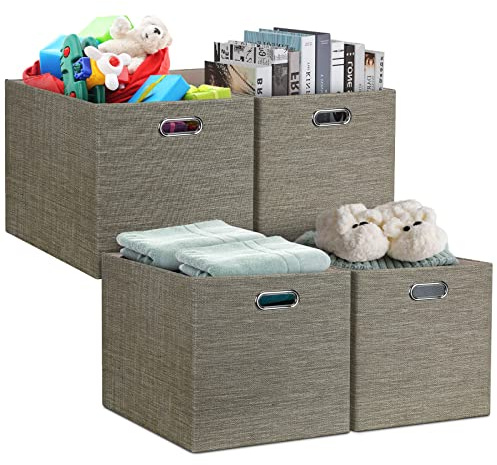 Posprica 13x15x13 Storage Cube Bins, Foldable Collapsible Storage Bins Boxes, Fabric Decorative Storage Baskets Organizer for IKEA Kallax, Shelves, Closet, Clothes, Toy, Set of 4-Coffee