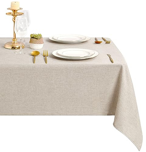 DWCN Leinen Beige Tischdecke Leinenoptik 135x220cm Abwaschbar Tischwäsche Wasserabweisend Tischtuch für Esszimmer, Garten, Party, Hochzeiten oder Haushalt,