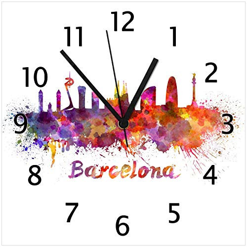 Wallario Design-Wanduhr Städte als Aquarell - Skyline von Barcelona aus Glas, Motiv-Uhr Größe 30 x 30 cm, Schwarze Zeiger
