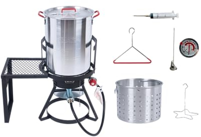 Fire Riot Truthahn-Fritteusentopf aus Aluminium, 30 l mit Injektor und Thermometer, Set und 50.000 BTU Propangas-Brennerständer für Truthahn und Meeresfrüchte