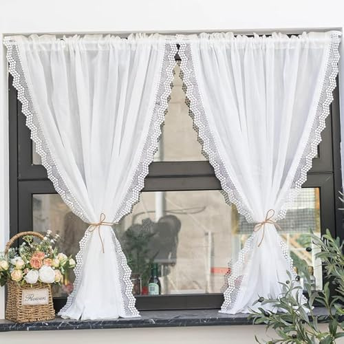 Yaland Tenda a vetro effetto lino con delicato bordo ondulato in pizzo per cucina, soggiorno, balcone, stile country, con passante per asta, 1 pezzo, bianco, LxA 80x100cm