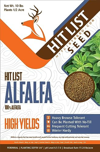 HIT LIST SEED®No Till Alfalfa Food Plot Seeds for Deer [Perennial] - Deer Food Plot Seed Throw and Grow - Deer Plot Seed Mix Perennial No Plow - 100% Alfalfa - Spring, Summer & Fall Planting - 10 lbs