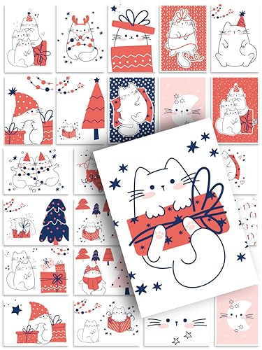 Weihnachtskarten 24 Stück Postkarten Katzen süß niedlich lustig Deko Illustration Weihnachtspostkarten Weihnachten Xmas Cute Cats Kitten Kitty Set Mix Geschenk Grußkarte Geschenkkarte Katze Tiere