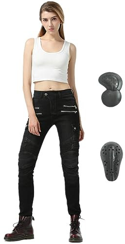 HOMDECR Damen Slim Fit Motorrad Jeans Mit Protektoren Knie Und Hüftprotektoren Stretch Slim Fit Denim Motorradhose Cargo Motorradjeans Schutzhose Biker Pants (Schwarz,L)