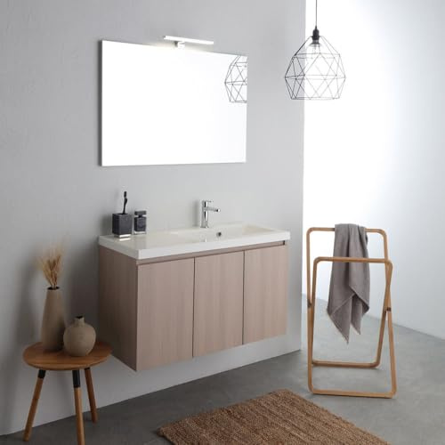 Kiamami Valentina Mobile Bagno Sospeso 90 Cm Olmo 3 Ante Lavabo Destra | Specchio 90x60 cm incluso, struttura in legno nobilitato, lavabo resina, apertura a gola, stile moderno