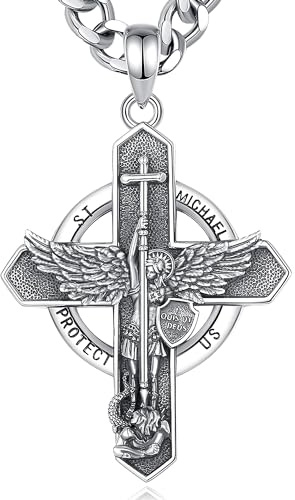 AEONSLOVE Medaglia San Michele Arcangelo Collana San Michele Argento 925 Uomo Donna Ciondolo Arcangelo Michele con Croce Gioielli Amuleto di Protezione Religioso Regalo Cristiano Cattolico