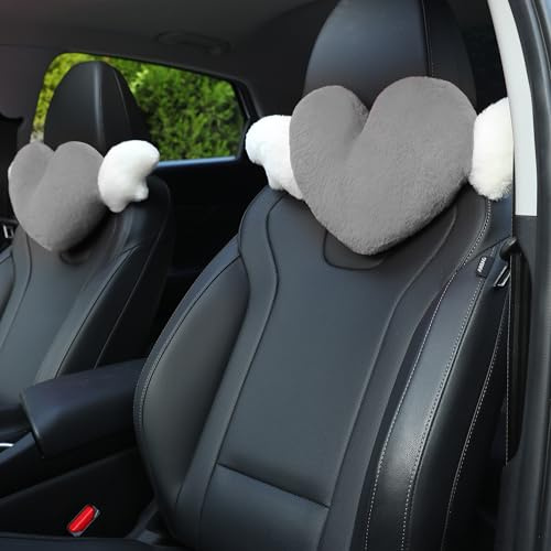 2 Pack Heart Shaped Cute Car Headrest Pillow with Angel Wings - Comfortable Soft Head Rest Cushion Kawaii Car Accessories Neck Pillow for Driving Travelling Office Home Decor - Grey Love Heart