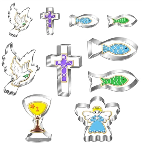 Set di 10 stampini per biscotti a forma di colomba, pesce, angelo, croce, calice, comunione, biscotti per cristiani, decorazione battesimale