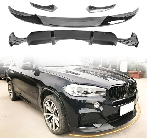 MODILOVER Front Bumper Lip & Rear Diffuser, Compatible with 2014-2018 BMW X5 M Sport, PP Gloss Black Add-on Front Splitter Air Dam Chin Protector Set