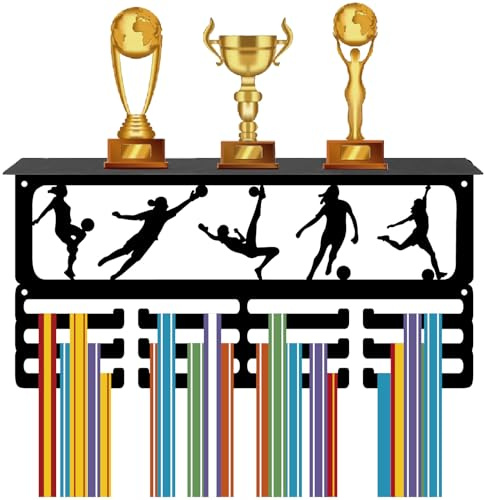 CREATCABIN Frauen-Fußball-Medaillenhalter,Trophäenregal,Medaillenaufhänger,Display Mit Regalständer,Sport,4 Reihe,Wandhalterung,Für Mehr als 70 Medaillen Für,Laufen,Auszeichnungenständer,40x20x10cm