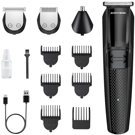 BarberBoss Bartschneider Herren, Haarschneider Herren, All-in-One Herren-Pflegeset, Akku-Haarschneider für Herren-Haarschnitt, Gesichtspflege, Nasenhaarschneider QR-6055