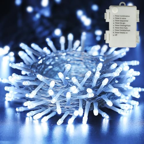 BrizLabs Cadena de Luces Navidad, 20m 200 LED Guirnalda Luces Interior con Pilas 8 Modos Luz Arbol de Navidad Exterior Impermeable Luminosa para Habitación Ventana Jardín Terraza Boda, Blanco Frío