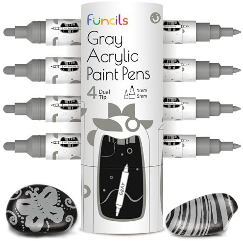 Funcils 4 rotuladores acrílicos Gris para piedras, vidrio, madera y lienzo - Marcadores Doble punta con punta de 1mm,5mm. Los bolígrafos acrílicos son ideales para adultos y niños.