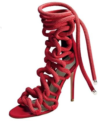 blingqueen Damen Stiletto High Heels Sandalen Römische Sandaletten mit Seil Lace up Heeled Sandals Rot 40 EU