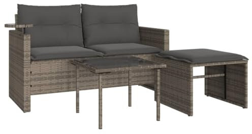 vidaXL Garten Sofagarnitur 3-TLG., Gartensofa mit Kissen, Sitzgruppe für Garten Terrasse, Gartentisch Gartenmöbel, Grau Poly Rattan