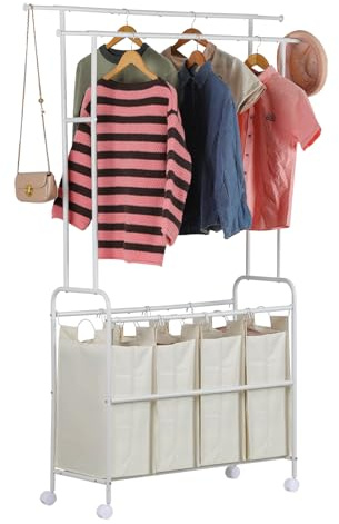 OGEMXU Trieur à linge 4 sections, panier à linge avec double barres de suspension, chariot de tri à linge avec support à vêtements suspendu pour buanderie, chambre à coucher, buanderie, rangement des