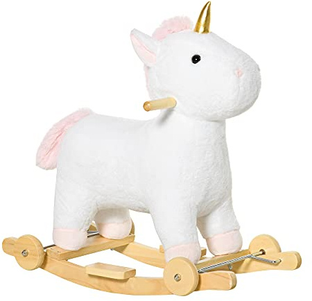 Qaba Rocking Horse, 2 in 1 Kids Ride on Horse, Rolling Unicorn Animal Rocker with Sound, Wooden Base, Pedal, Grip Handle, Plush Riding Pony for 3-6 Years Old, White