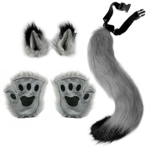5-Teiliges Wolf Fuchsohren und Schwanz Set,Flauschiger Schwanz Ohren und Pfoten Handschuhe Set Halloween Party Faschingskostüm Halloween Wolf Fuchs Schwanz Clip Ohren,für Kinder oder Erwachsene