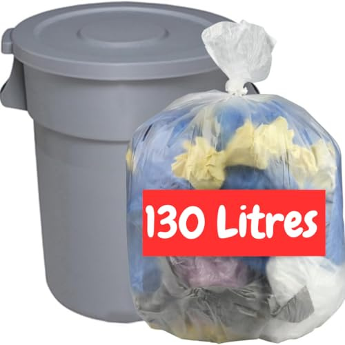 Sac Poubelle Transparent 130l | 50 Sacs Poubelles 130 Litres | Très Résistant et Etanche (35 µ) | Poubelles Bureaux - Commerces | Tri Sélectif Déchets Plastiques | Pour Poubelle 100-120 litres