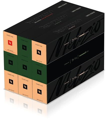 Nespresso Vertuo Coffee Pods, 90 Mixed Pack - 40 Melozio, 40 Stormio and 10 Melozio Decaf Capsules for Nespresso Machines. Make Espressos, Cappuccino, Lattes and Iced Coffee at home. Recyclable Pods