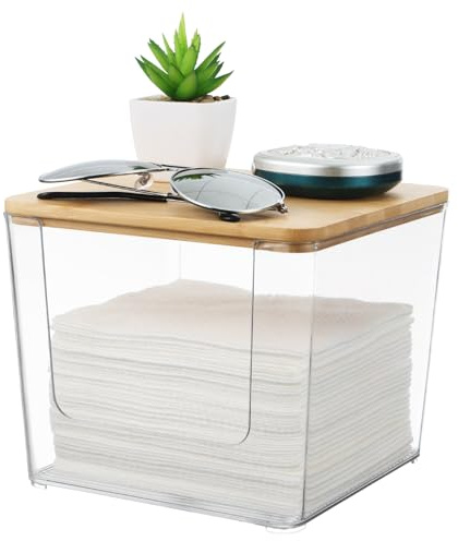 Rainmae Disposable Face Towel Holder, Acrylic Facial Towels Storage Box for XL Clean Skin Club, Upgrade Large Tissue Holder with Bamboo Lid Towel Organizer Container for Bathroom Vanity Countertop