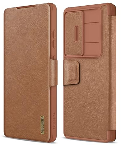 Nillkin Hülle für Samsung Galaxy S25 Ultra mit Kameraschutz, PU Leder Wallet Handyhülle mit Kartenfächern Und Magnetschnalle, Klappbar Flip Case für Galaxy S25 Ultra Schutzhülle,Braun