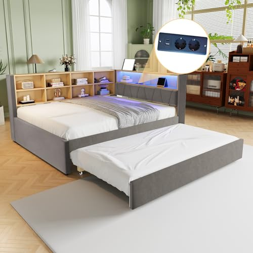 Dolamaní Ausziehbett 140x200 cm/90x190 cm, Tagesbett Ausziehbar mit vielen Ablagefächern, Jugendbett LED Funktionsbett, Polster Flanellstoff Doppelbett (Dunkelgrau)