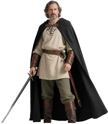 keland Medeltidsmantel i linne, renässansmantel för kvinnor och män Halloween, Svart, One size