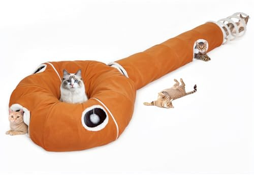 Ownpets Foldable Cat Tunnel with Spring Tail, 245cm Cat Tunnel with Bed, 3-Section Pet Play Tube with 4 Setups for Cats Rabbits Ferrets, Brown