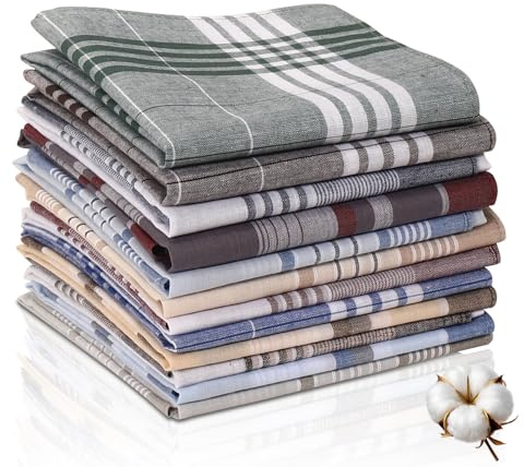 ARKBAODAN 12 pack Men's Handkerchiefs 100% Cotton 16 inch Large Mens Pocket Square Handkerchief with Check