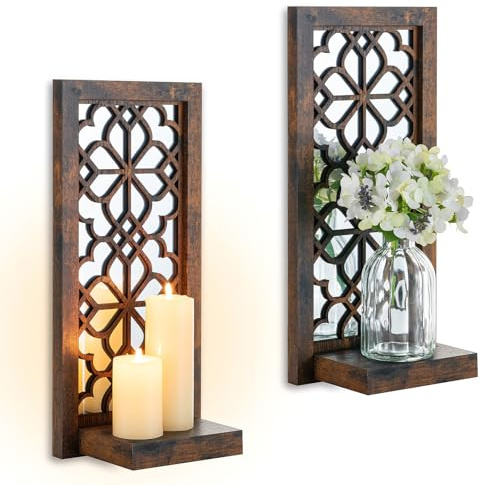 Walasis Wall Candle Holder for Farmhuose Decor: Decorative Rustic Folating Shelves Candle Sconces for Pillar Candles - Brown Wood Wall-Mounted Candle Shelf for Bathroom Fireplace